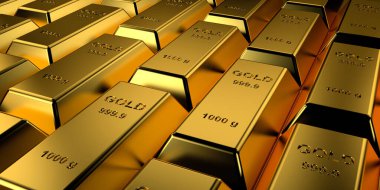 Altın külçeler yığılmış. 3d render.