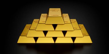 İnternet sitesi afişi için altın külçeler. Altın külçelerinin 3B görüntülenmesi.