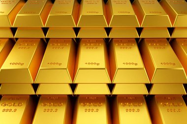 İnternet sitesi afişi için altın külçeler. Altın külçelerinin 3B görüntülenmesi.