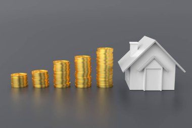 Altın madeni paralar ve ev modeli. 3B görüntüleme.