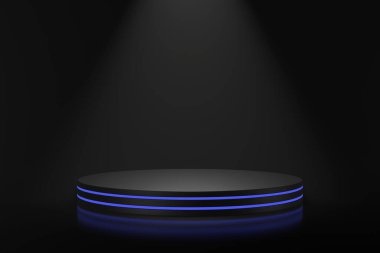 Mavi ışıklandırmalı ürün standı tasarımı. 3B görüntüleme.