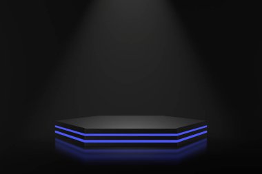 Mavi ışıklandırmalı ürün standı tasarımı. 3B görüntüleme.