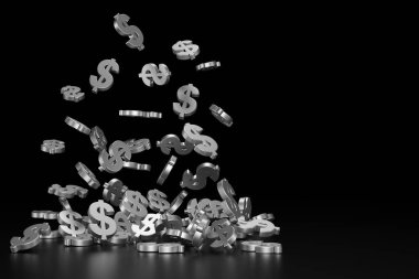 Düşen gümüş dolar işareti. 3B görüntüleme.