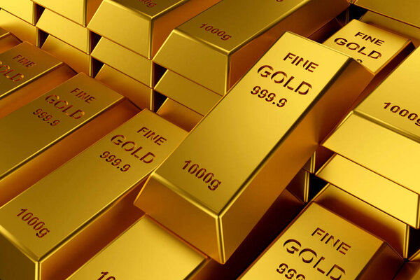 Gold bars for website banner. 3D rendering of gold bars.