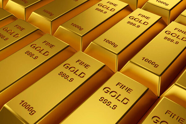 Gold bars for website banner. 3D rendering of gold bars.
