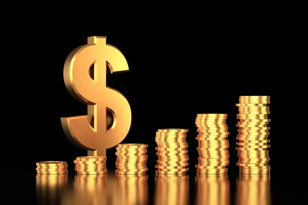 Segno Del Dollaro Oro Con Monete Pila Rendering — Foto Stock