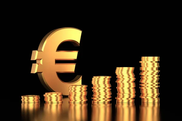 Gyllene Euro Skylt Med Mynt Stack Rendering — Stockfoto