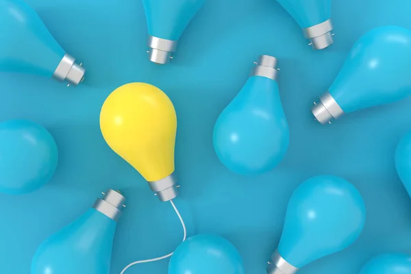 Yellow Bulb Blue Background Idea Concepts Rendering — Foto Stock