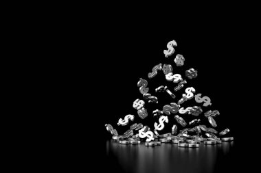Düşen gümüş dolar işareti. 3B görüntüleme.