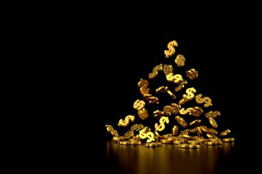Düşen altın dolar işareti. 3B görüntüleme.