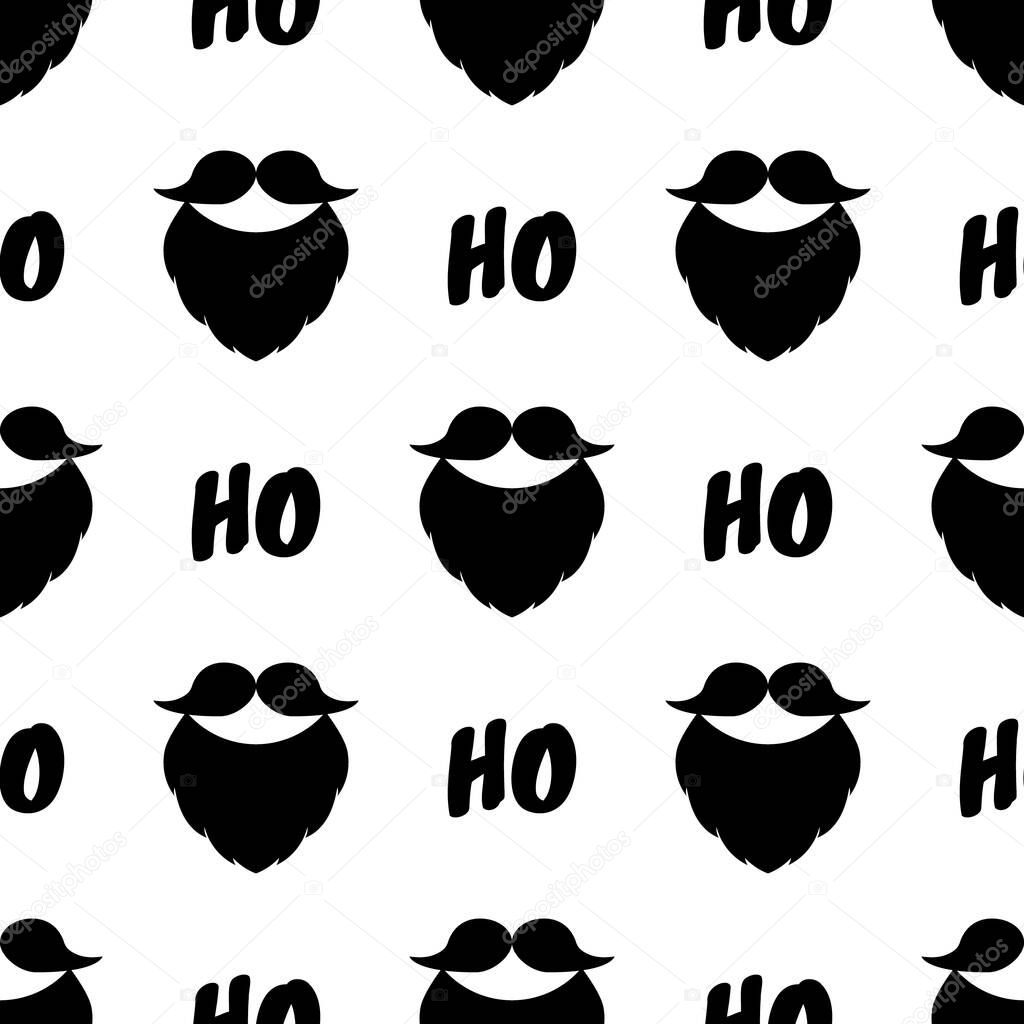 Christmas minimalist pattern. Vector seamless background with a beard, mustache, and text Ho Ho Ho. Black and white colors. Festive design for poster backdrop, gift wrappers, textile, fabric, prints.