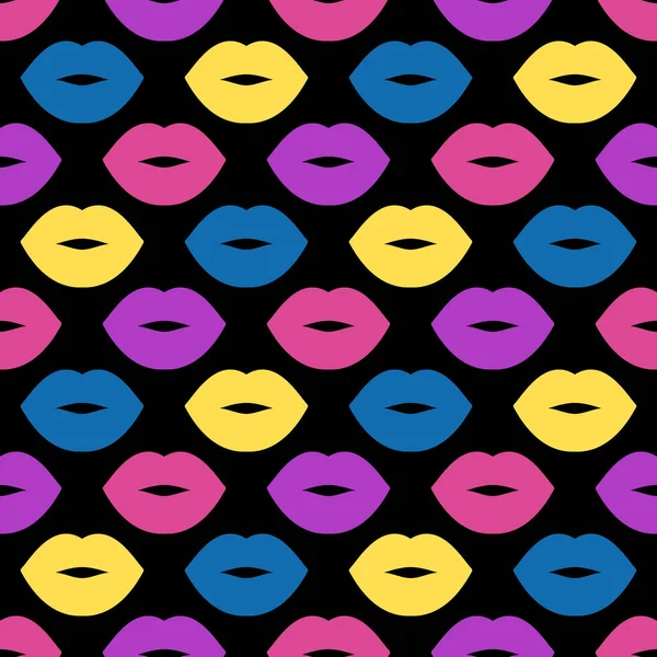 Colorful Female Lips Seamless Bright Vector Pattern Black Background Fashion — Stock vektor