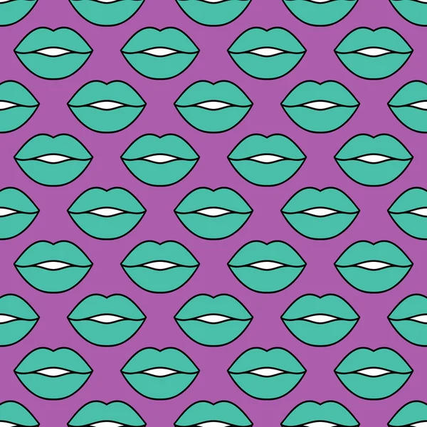 Sexiga Läppar Sömlöst Vektormönster Smaragdläppar Med Svart Kontur Violett Bakgrund — Stock vektor