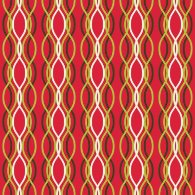 Vektör kusursuz desen. Kırmızı arka planda birbirine dolanmış renkli dalgalı çizgiler. Tatil geçmişi, Noel, tebrik kartı tasarımı, tekstil, ambalaj ve duvar kağıdı için harika bir resim.