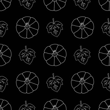 Siyah arka planda beyaz kabak desenli kusursuz bir desen. Vektör çizimi. Modern arkaplan dekorasyonu, kartlar, afişler, tatil tasarımları, baskılar, ambalajlar, tekstil, kumaşlar, vs.