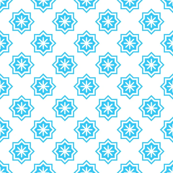 クリスマスの抽象的なパターン 明るい青の星とシームレスなパターン 白い背景に雪の結晶 幾何学的なシンプルなお祝いのテクスチャ モザイクが再生されます 冬のベクターイラスト — ストックベクタ