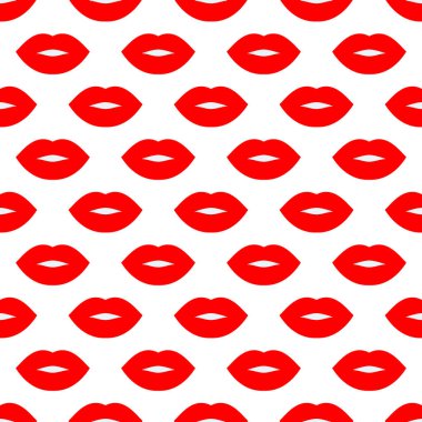 Seksi dudaklar. Kusursuz vektör deseni. Beyaz arka planda kırmızı dudaklar. Moda pop sanat arkaplanı. Modern tasarımlar, baskılar, tekstil, kumaşlar, duvar kağıtları, posterler, tekstil, ambalajlar ve web için
