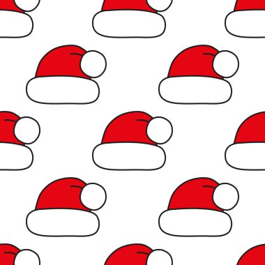 Beyaz şapkalı kusursuz bir desen. Kırmızı Noel Baba şapkası. Festivalsel tasarımlar, tekstil baskısı, ambalaj, kağıt süslemeler, dekorlar, afişler, kartlar ve davetiyeler için arka plan