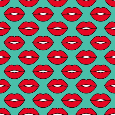 Colorful lips. Seamless bright vector pattern with red lips on a turquoise background. Fashion pop art background. For modern original designs, prints, textiles, fabrics, and wallpapers
