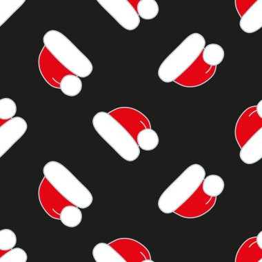 Seamless vector pattern. Cute red Christmas hats on black. Christmas background for festive designs, textile print, wrapping, paper decorations, decors, banners, cards, and invitations