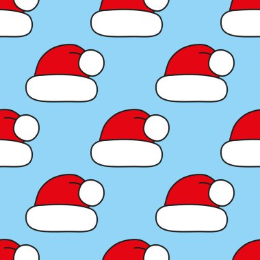 Seamless pattern with Christmas hats on blue. Red Santa cap. Background for festive designs, textile print, wrapping, paper decorations, decors, banners, cards, and invitations