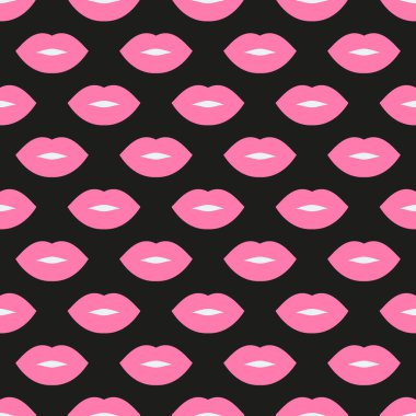 Seksi dudaklar. Kusursuz vektör deseni. Siyah arka planda pembe dudaklar. Moda pop sanat arkaplanı. Modern tasarımlar, baskılar, tekstil, kumaşlar, duvar kağıtları, posterler, tekstil, ambalajlar için