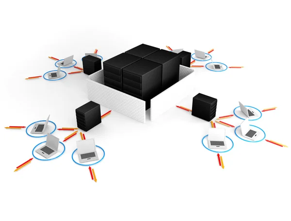 Portátil con servidor grande NetWork firewall. Imagen 3D —  Fotos de Stock