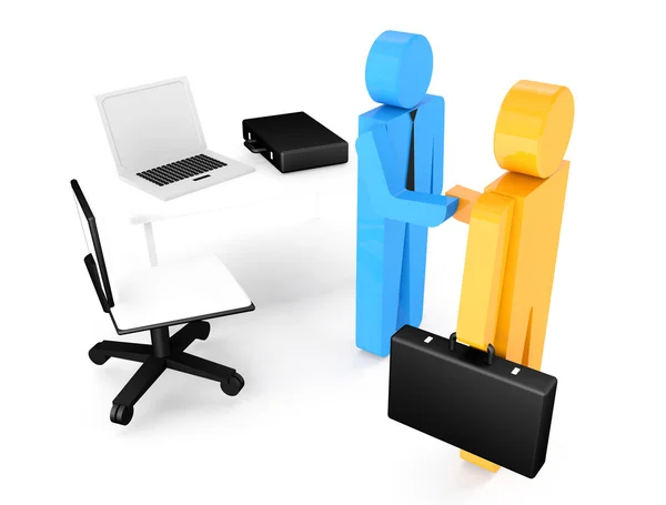 Two 3d humans give their hand for handshake , work table. 3d ill — Stock Photo, Image