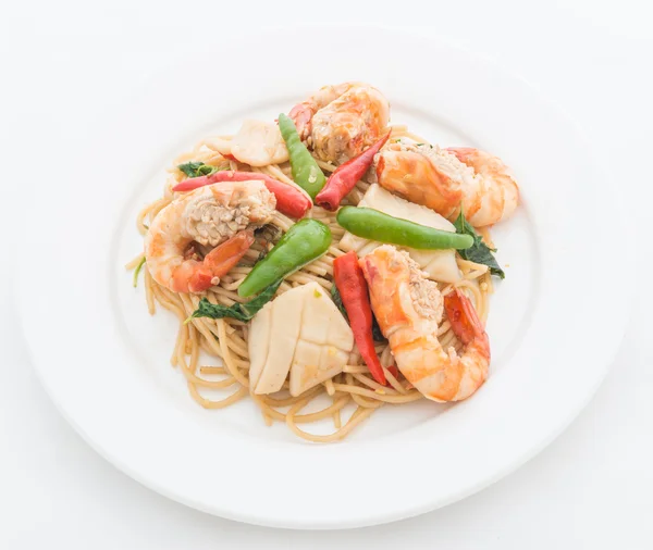 STIR FRIED SPICY SPAGHETTI WITH SEAFOOD — Stock Photo, Image