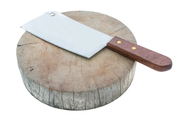 Meat cleaver on cutting board isolated — Stock Photo, Image