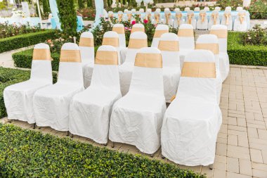 Altın renkli kurdeleyle süslenmiş düğün sandalyeleri.