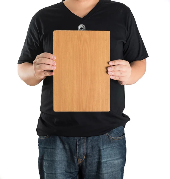 Primo piano di mani uomo che mostrano bordo vuoto in legno — Foto Stock