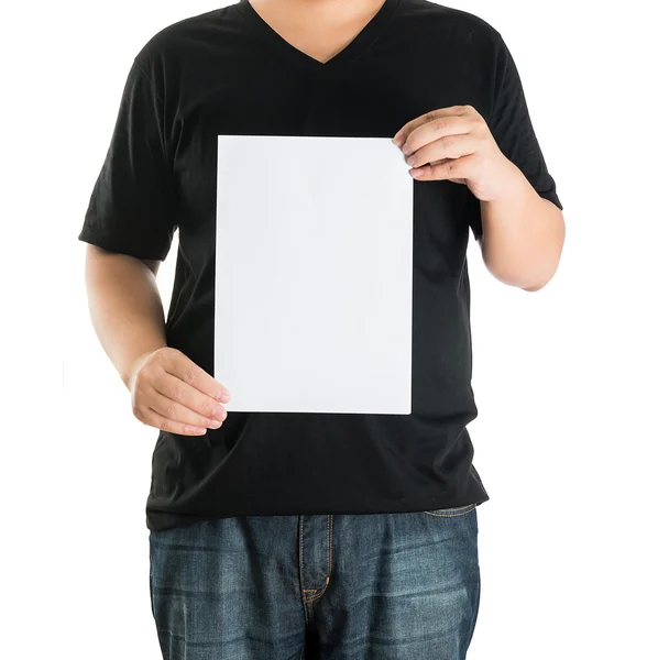 Close up of man hands showing white blank board — Stock Photo, Image