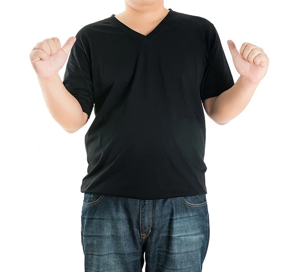 Close up de homem em branco t-shirt apontando para si mesmo — Fotografia de Stock