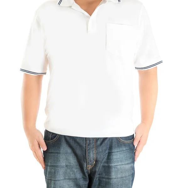 Man in white polo t-shirt on a white background — Stock Photo, Image