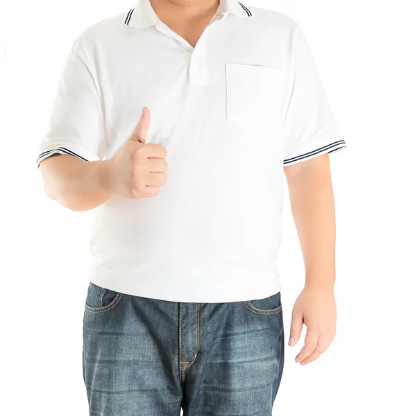 Mannen i vit polo t-shirt på vit bakgrund — Stockfoto