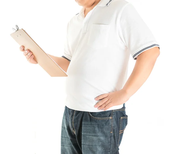 Mannen i vit polo t-shirt på vit bakgrund — Stockfoto