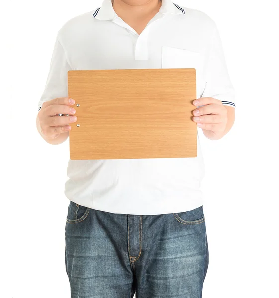 Gros plan des mains de l'homme montrant le tableau blanc en bois — Photo