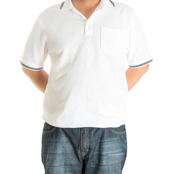 Homem em branco polo t-shirt em um fundo branco — Fotografia de Stock