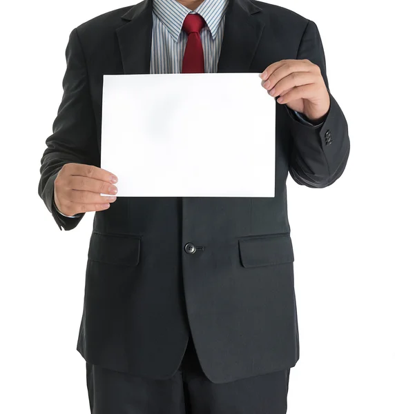 Geschäftsmannhände zeigen weiße Tafel — Stockfoto