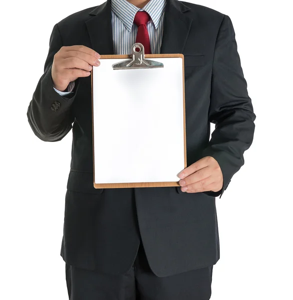 Mãos homem de negócios mostrando placa branca em branco — Fotografia de Stock