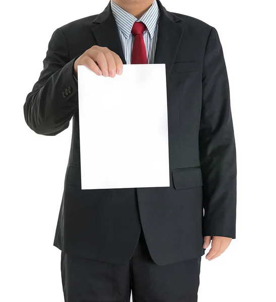 Hombre de negocios manos mostrando blanco tablero en blanco — Foto de Stock
