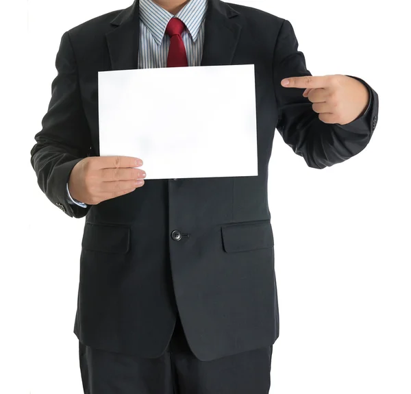 Business man hands showing white blank board — стоковое фото