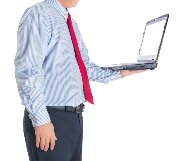 Empresário segurando um laptop aberto. Isolados — Fotografia de Stock