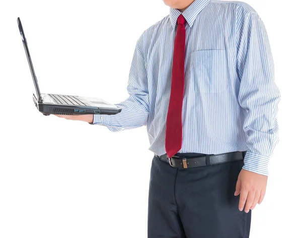 Επιχειρηματίας που κατέχουν ένα ανοιχτό laptop. απομονωμένη — Φωτογραφία Αρχείου