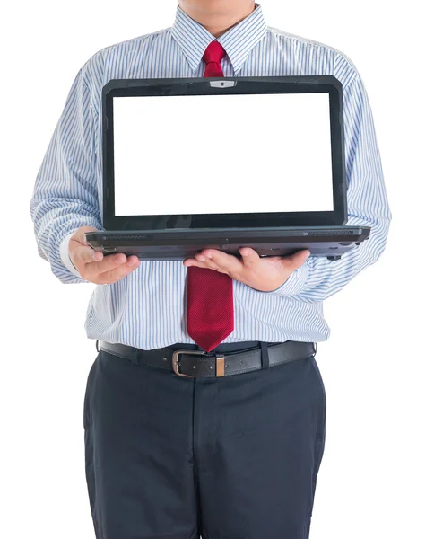 Empresário segurando um laptop aberto. Isolados — Fotografia de Stock