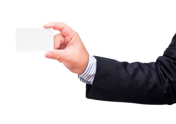Hand holding a blank business card isolated 