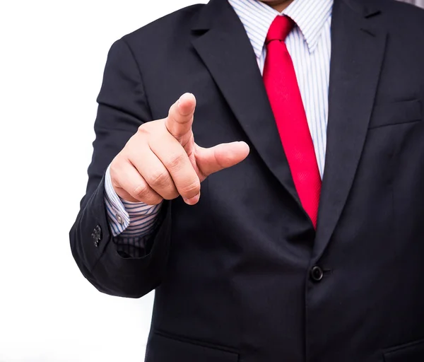 Empresario tocando una pantalla invisible en blanco. Conc pantalla táctil — Foto de Stock