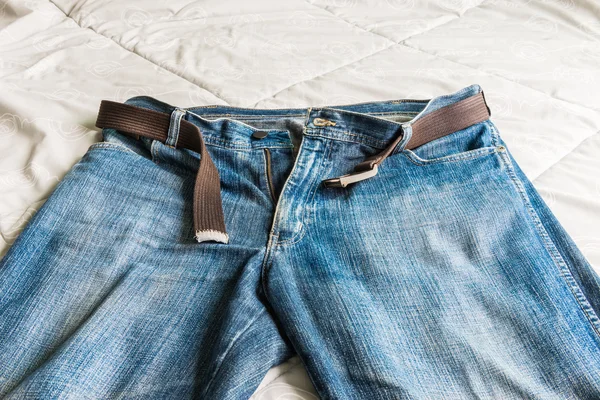 Detail of nice blue jeans with belt — Stock Photo, Image