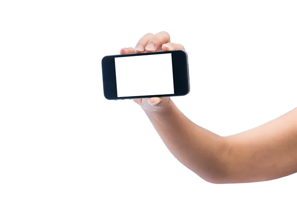 Isolated woman hand holding the phone tablet touch computer gadg — Stock Photo, Image